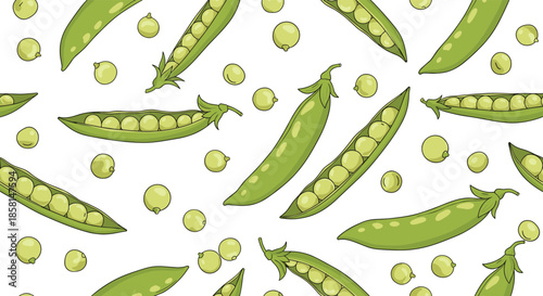 A seamless and vibrant background pattern of hand-drawn green peas, featuring both open and closed pods on a white surface.