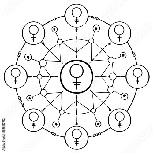 Circular astrological chart with feminine symbols and geometric connections in a mystical sacred geometry design