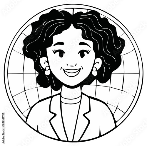 Smiling woman's portrait inside a globe icon, optimistic, vector illustration