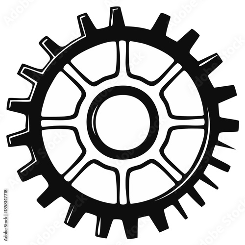 Black and white illustration of a single gear cogwheel with visible teeth and spokes against a white background