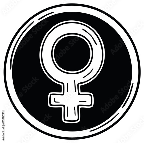 Female Gender Symbol Black and White Hand Drawn in Circle Icon  Represents Women and Femininity
