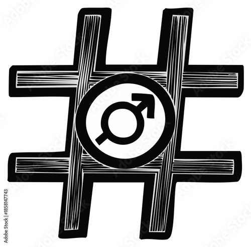 Hashtag symbol with male gender sign inside