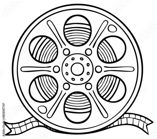 Film reel illustration for media. Classic film reel design for video and motion picture productions. Symbol of movies and motion pictures, vintage.