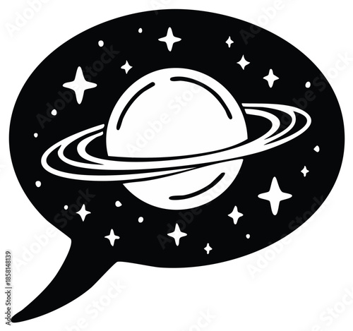 Saturn in Speech Bubble with Stars, Space Thinking and Imagination Concept Graphic Element