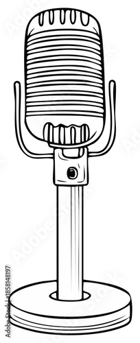 Retro Microphone Vector Illustration Outline Style, a Vintage Broadcast Equipment on Stand Isolated, a Podcast Recording Symbol Concept