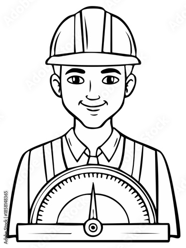 Happy engineer in safety helmet holding a large precise measuring gauge