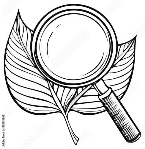 Magnifying glass and leaves illustration drawing isolated. Botany education tool for studying nature and plants.