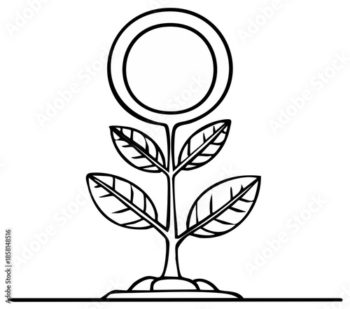 Stylized plant sprout with a circular target symbol as its bloom on a clean line art background