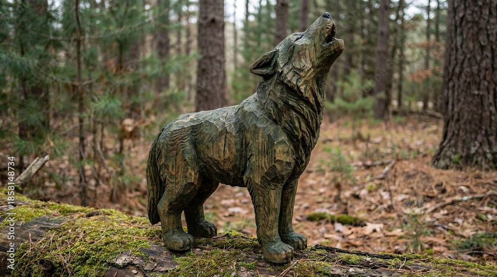 Fototapeta premium Traditional Carved Wolf Statue in Forest Setting