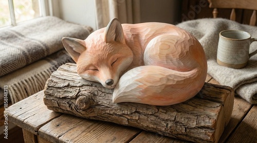Sleepy Fox Sculpture on a Wooden Log