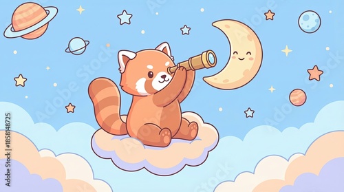 Cute Red Panda Stargazing with Telescope in Dreamy Sky
