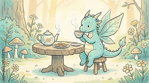 Dragon Enjoying Tea in Enchanted Forest