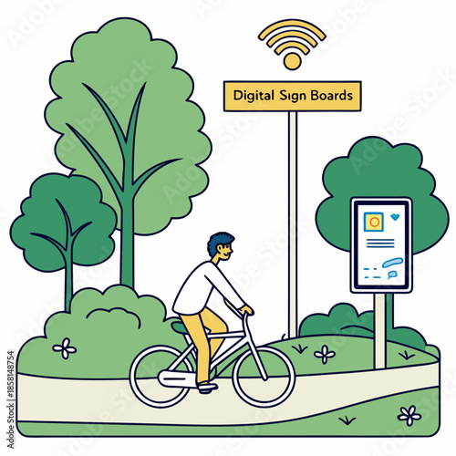 A cyclist rides past digital sign boards nestled within lush green trees and a peaceful park environment