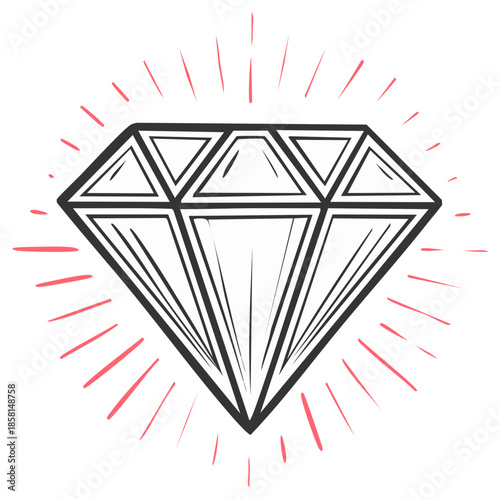 Hand-drawn diamond with radiating light bursts, vintage sketch style illustration