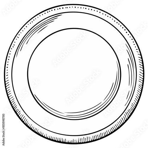 Detailed Etched Illustration of a Simple Empty Round Plate for Dinner