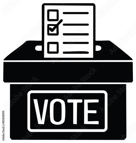 Black and white illustration of a ballot box with a checklist vote