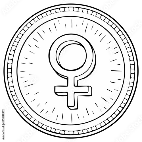 Female gender symbol on a circular medallion with radiating lines, isolated illustration