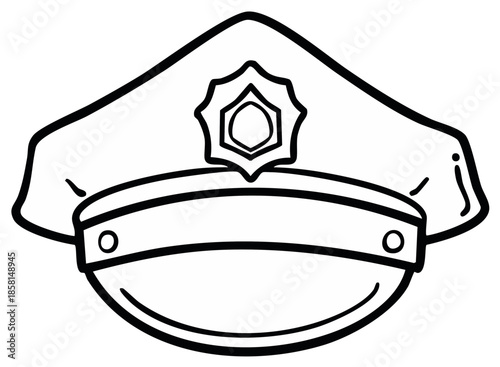 Black and white line art illustration of a police officer's cap with a badge symbol