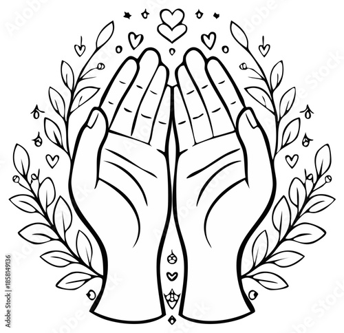 Outlined hands offering prayer encircled by heart and botanical ornament drawing
