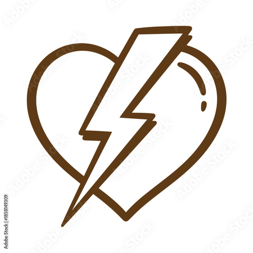 Vintage brown heart with lightning bolt inside  symbol of love and electricity  heartbreak and passion combined