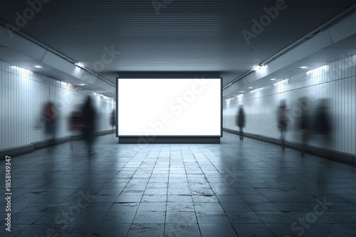Large illuminated billboard in underground pedestrian tunnel