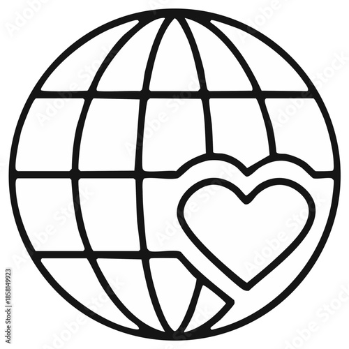Stylized globe with heart symbol representing global love and compassion in a simple line art design