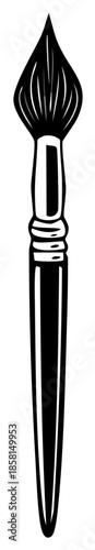Monochrome Illustration of Upright Paint Brush with Bristles and Wood Handle for Painting or Art Supplies