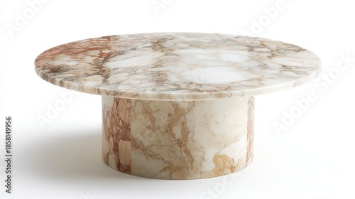 Elegant round marble table with polished surface in beige, cream, white, brown tones,