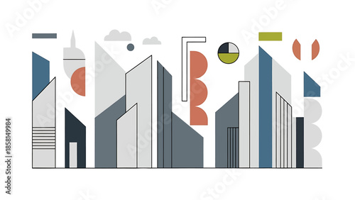 Abstract geometric cityscape illustration with modern architectural shapes and muted colors.