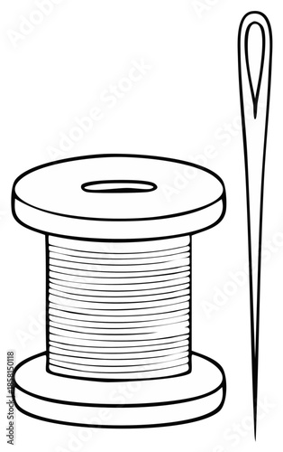 Simple Line Drawing of a Thread Spool and Sewing Needle for Crafting Projects