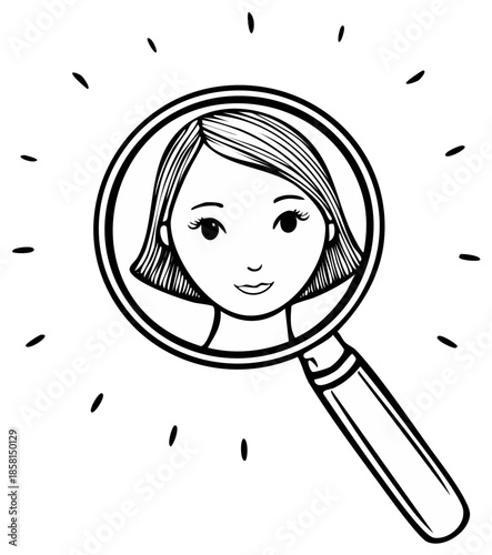 Woman's Face Illuminated in Magnifying Glass, Concept of Research, Search, Analysis