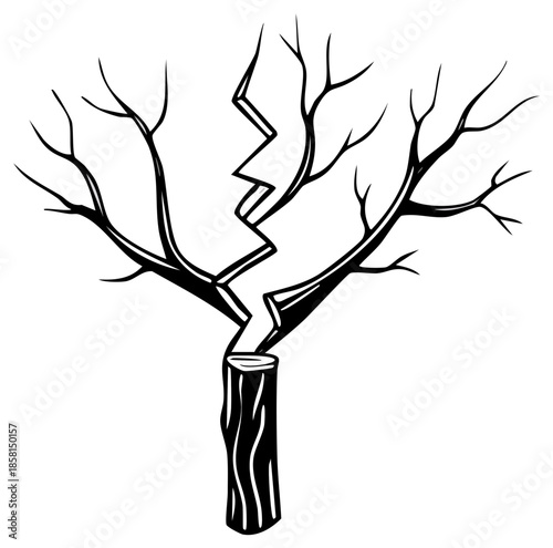 Broken tree illustration depicting damage and destruction in black and white