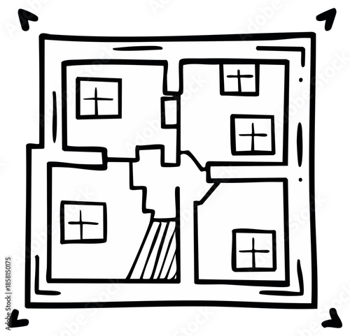 Black and white floor plan graphic with four rooms and windows