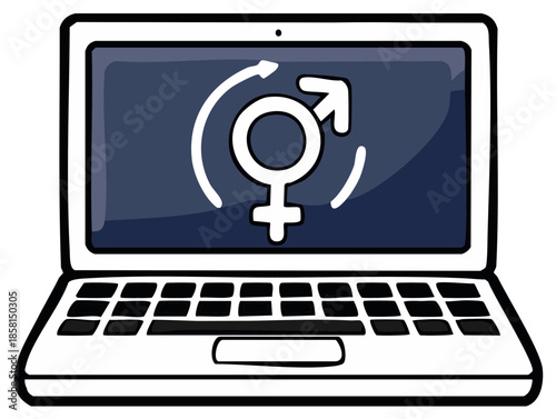 Laptop display showing intersex or transgender icon with rotating arrows, online representation of gender identity, diversity, technology