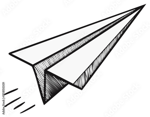 Hand-drawn paper airplane soaring upward with motion lines