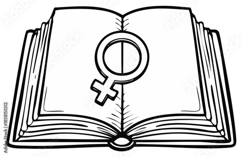 Open book illustration featuring a female gender symbol, vector artwork.