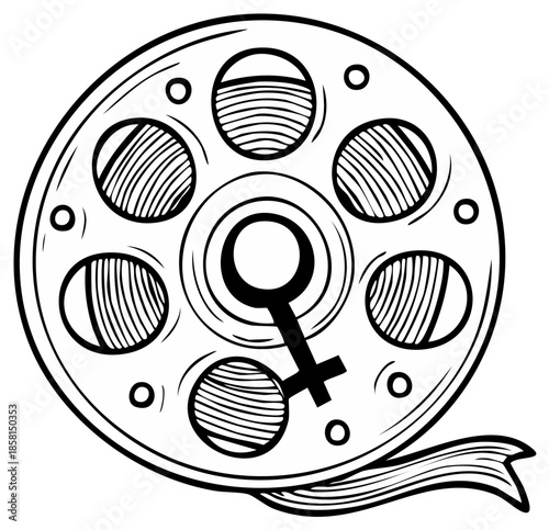 Circular sewing machine bobbin with female gender symbol and striped segments in a sketch art style