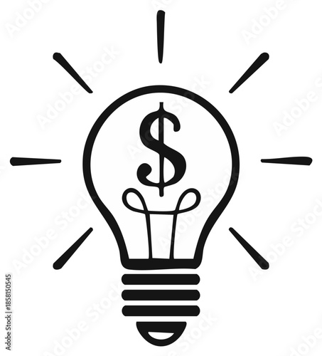 Illuminated lightbulb with money sign generating income ideas in black and white vector illustration.