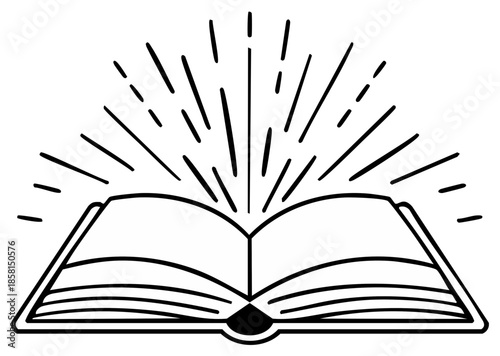 Open book with radiating light beams symbol of knowledge and learning