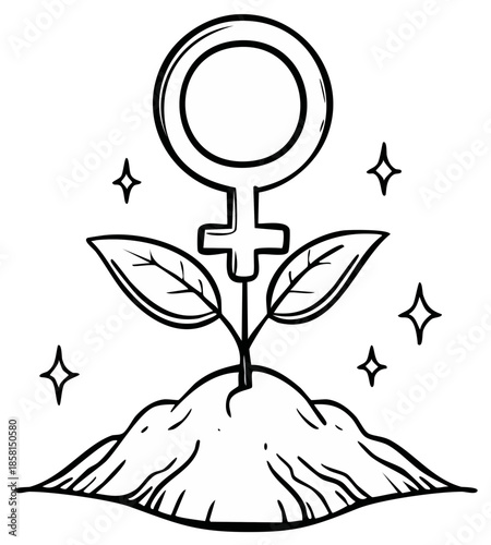 Feminine symbol sprouts from fertile soil with shimmering stars above
