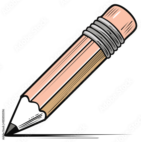 Single cartoon pencil with eraser drawing a line, isolated on white