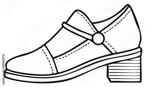 Black and white line art illustration of a vintage women's shoe