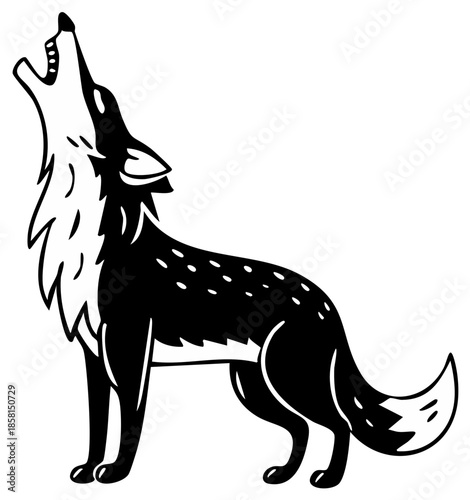 Stylized black wolf howling at the moon with white accents and simple outline