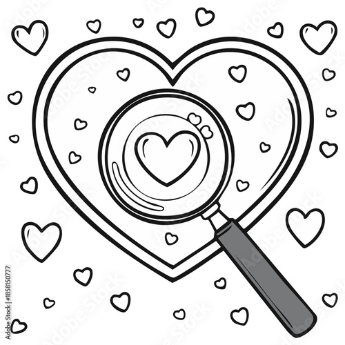 Magnifying glass examining heart illustration, love concept, valentine's day, search