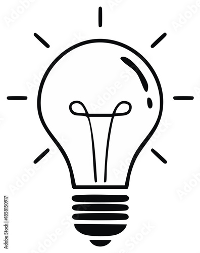 Bright idea conceptual graphic of a lit incandescent light bulb with emanating rays