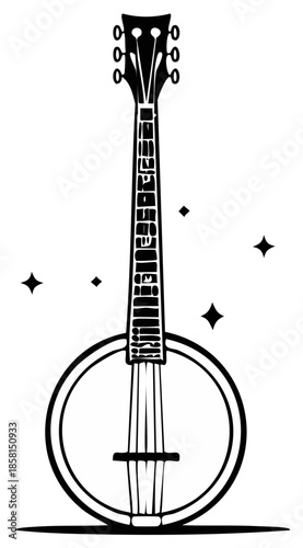 Stylized Banjo Silhouette Illustration with Stars and Strings, Music Instrument