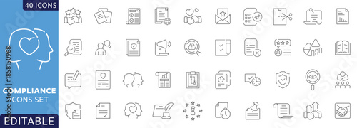 Compliance line icon set. Contain icons related to  transparency, regulatory, governance, compliance, corporate and more. Fully Editable . Vector illustration.