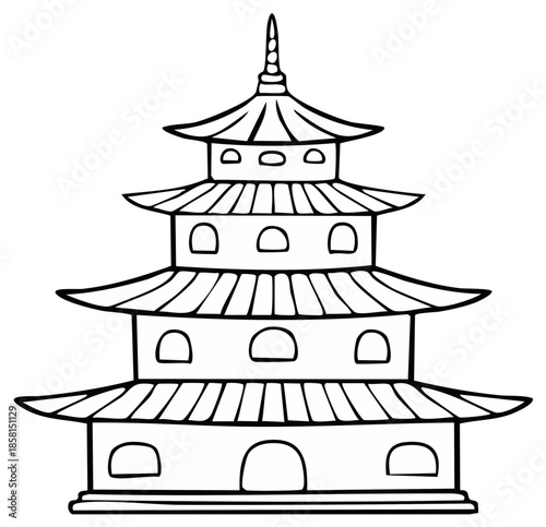 Traditional Asian pagoda illustration with multiple tiers and curved roofs line art