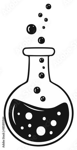 Laboratory flask with liquid and bubbles inside. Chemical experiment icon vector illustration.