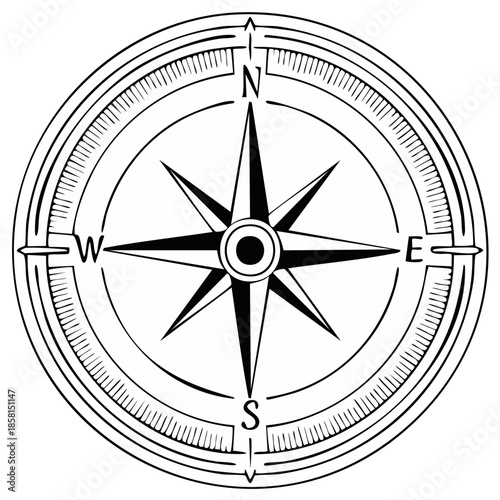 Circular compass illustration pointing North South East and West in a simple black and white design navigational tool for direction and geographic orientation